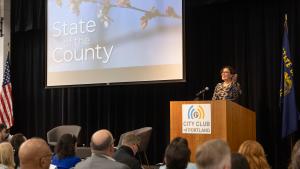 Chair Jessica Vega Pederson gestures during her second State of the County