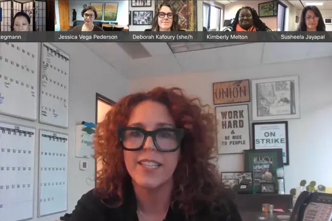 Stacy Chamberlain speaks to the Board in a virtual meeting