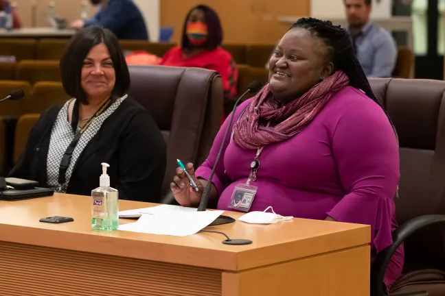 Kim Melton, right, chief of staff for Chair Deborah Kafoury, and Chief Operating Officer Serena Cruz present an extension of the Joint Office's founding contract Thursday, April 21, 2022.