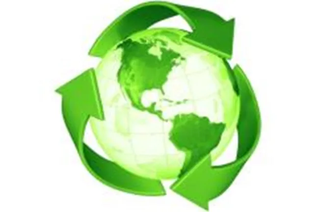 Green Drawing of Earth encircled by three arrows representing reduce, reuse & recycle