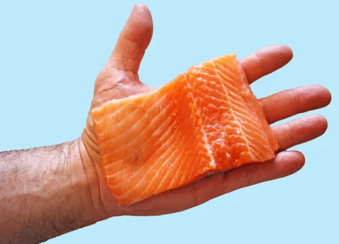 hand holding a piece of raw fish