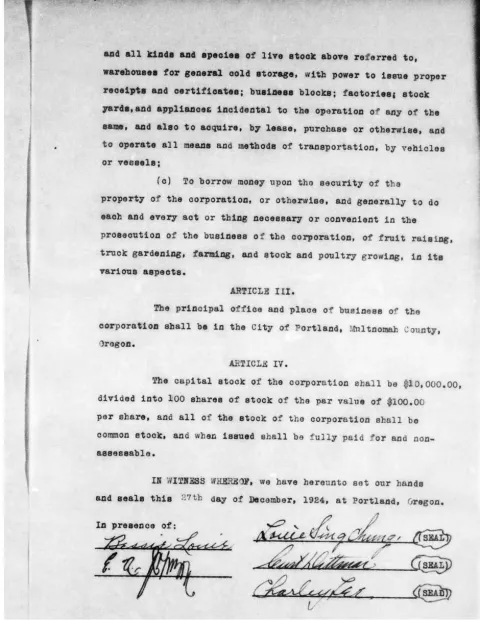 Typed final page of the articles of incorporation showing the signatures of the three men.