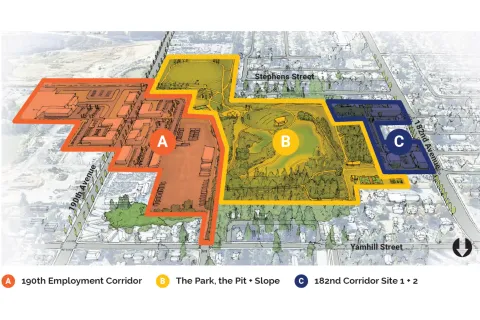 sketch of aerial view of the vance property, showing three color coded sections. A: 190th Employment Corridor. B: The Park, the Pit and Slope. C: 182nd Corridor Site 1 and 2.